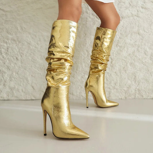 Metallic Pleated Snake Pattern Solid Leather Pointed Toe Knee High Thin Heel Boots