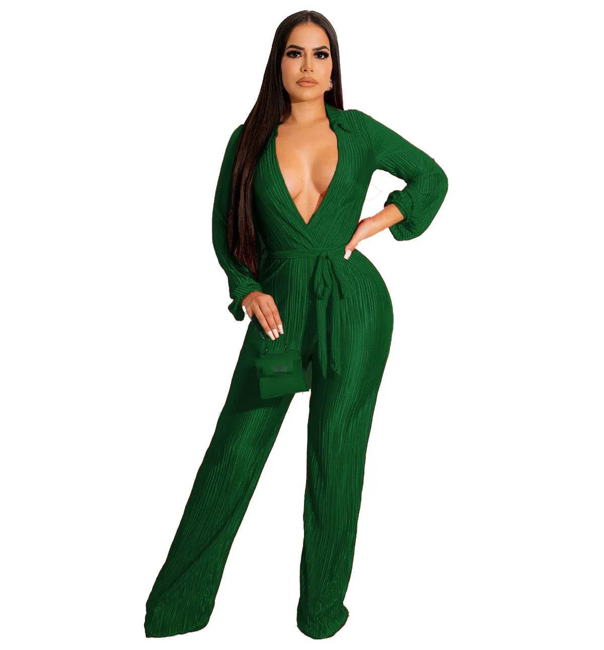 Deep V-Neck Sash Belt Jumpsuit