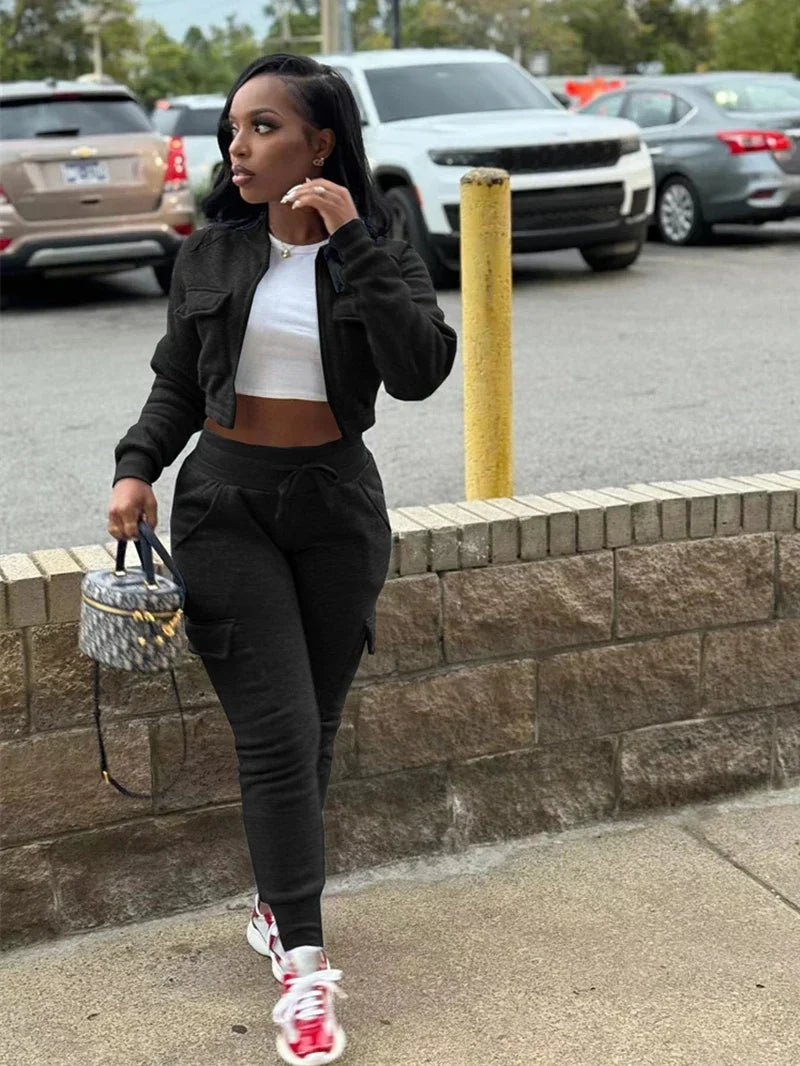 Streetwear Women's Solid Cropped Zipper Jacket + Drawstring Cargo Sweatpants Tracksuit