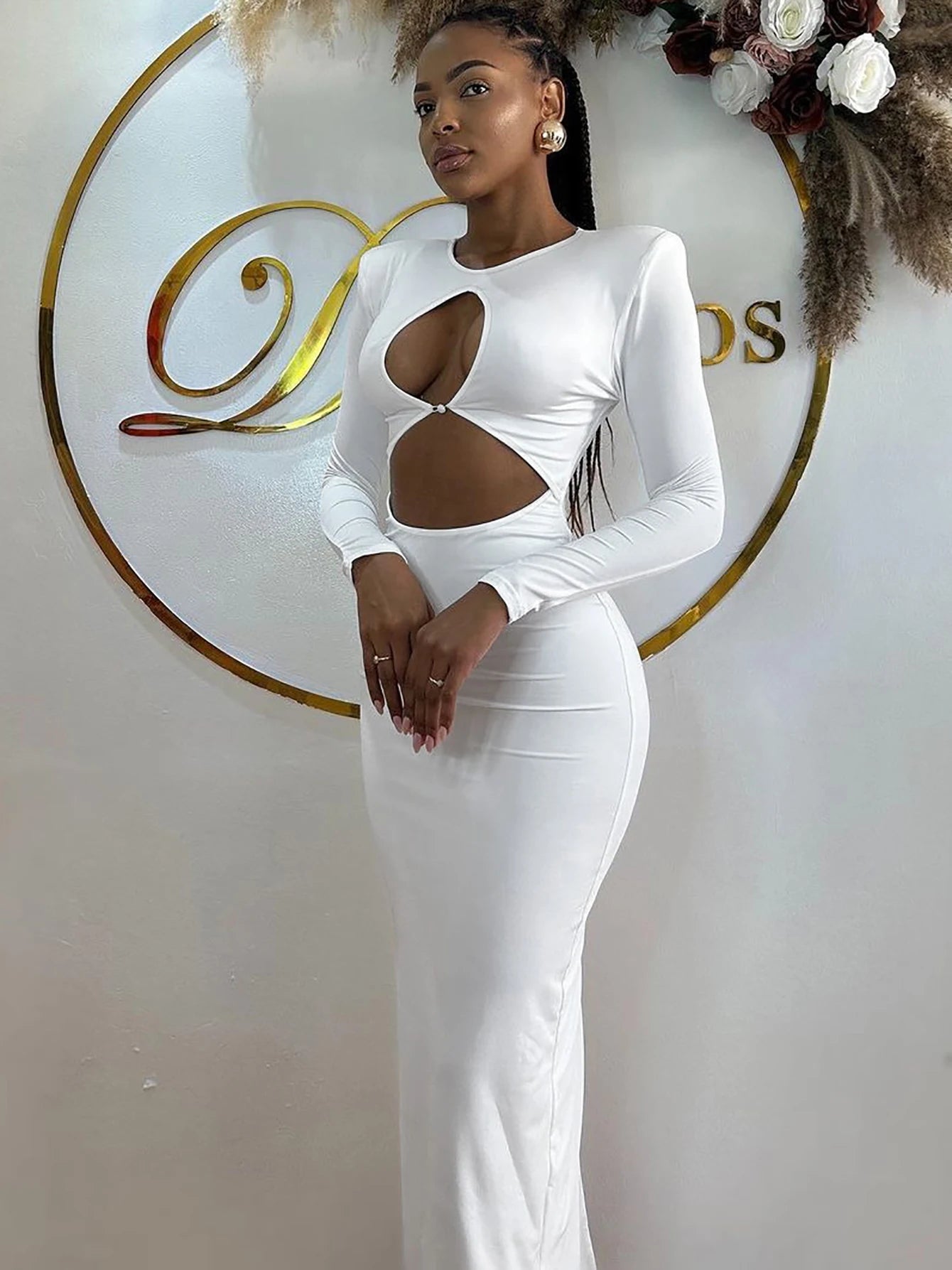 Solid Long Sleeve O-Neck Hollow-Out Bodycon Maxi Party Dress