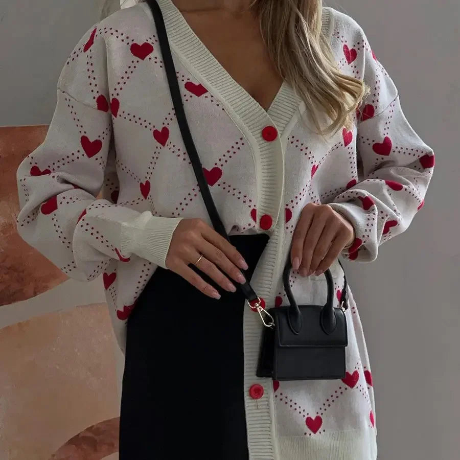 Heart Print Long Sleeve Knitted Button-Up Women's Cardigan Sweater