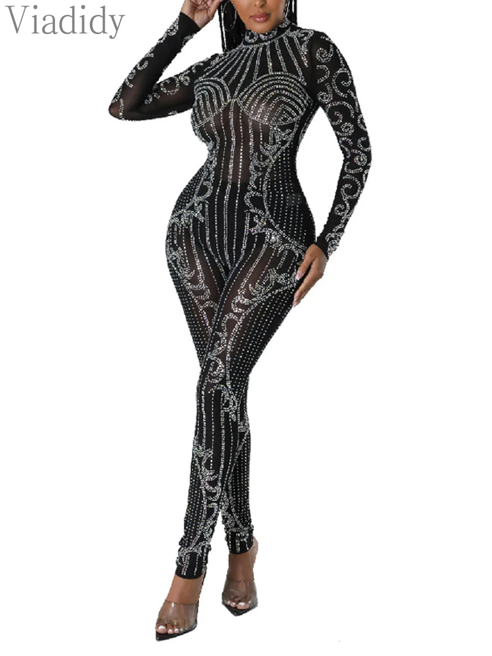 Sheer Mesh Rhinestone Long Sleeve Skinny Jumpsuit