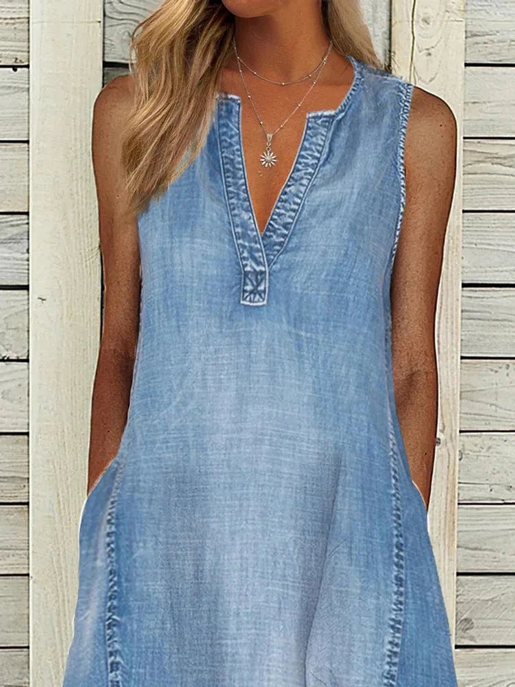 Denim Sleeveless Light Blue Washed A-Line V-Neck Denim Loose Midi Pocketed Jean Dress to 3X