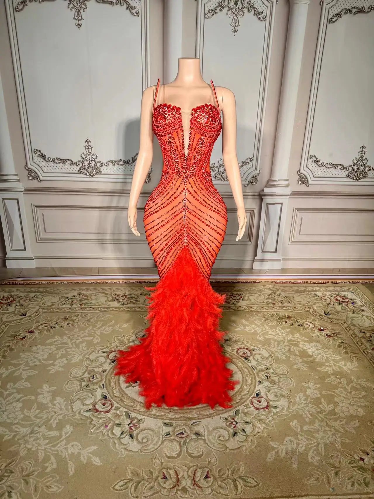 Sparkling Metallic Rhinestone Pearl Feather Detail Sleeveless Floor-length Party/Prom Formal Maxi Dress to 4X Plus Size