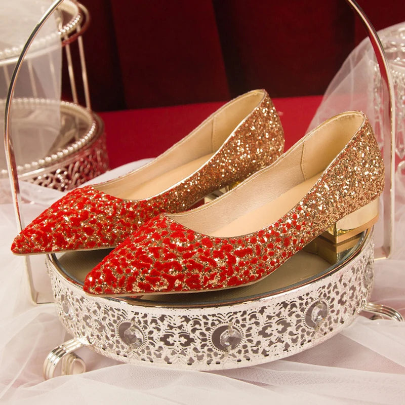 Shiny Metallic Glitter Sequin Pointed Toe Low Heel Flats