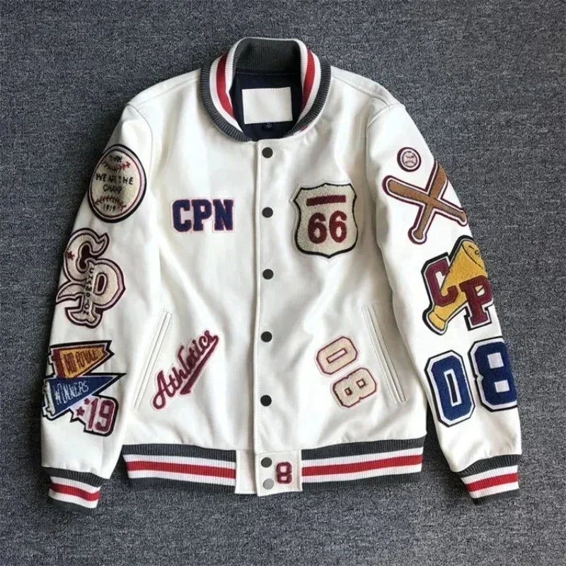Retro Men's Streetwear Hip-Hop Letter Print Embroidered Baseball Varsity Bomber Jacket