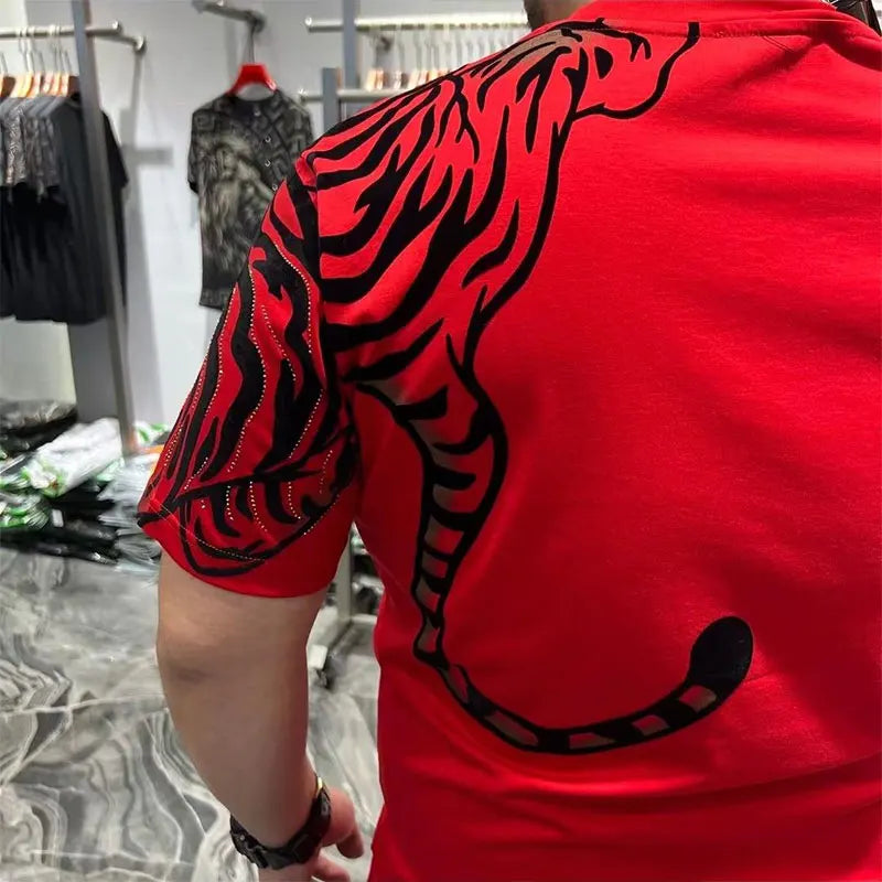 Men's Sequined 3D Tiger Loose Print O-Neck Short Sleeve T-Shirt