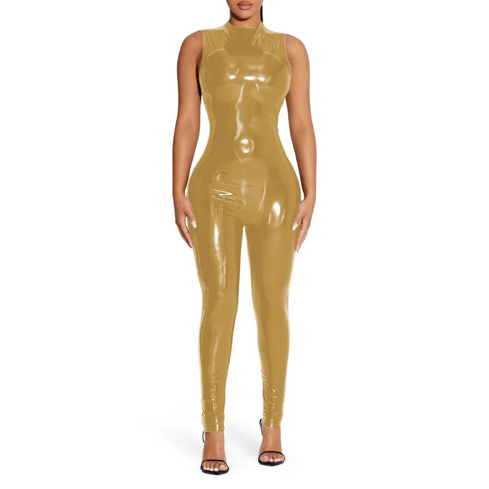 Shiny Solid Color Sleeveless PVC PU Leather Women's Pants Jumpsuit