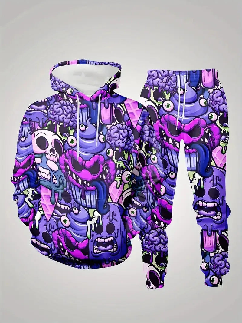 Men's Purple Skeleton Graffiti Print Hoodie Sweatshirt + Matching Sweatpants Tracksuit