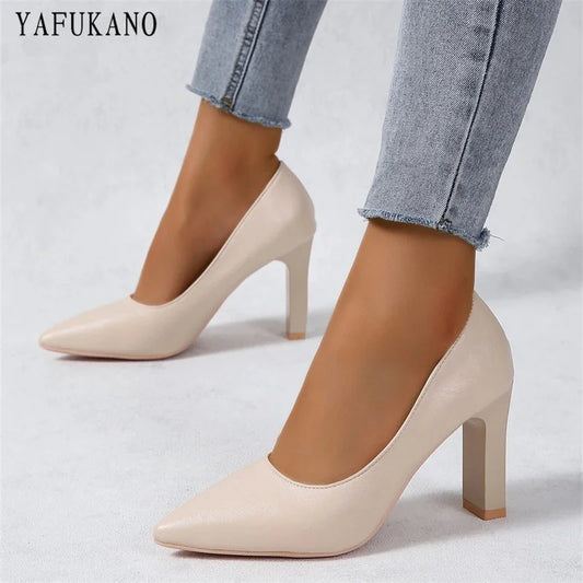 Vintage Pointed Toe Chunky High Heel Office Pumps