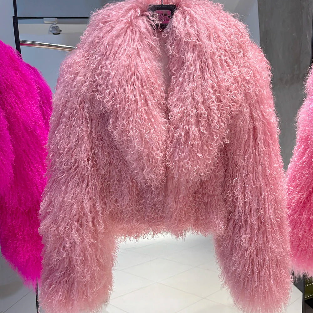 Shaggy Mongolia Sheep Fur Oversized Collar Women's Jacket to 8X Plus Size