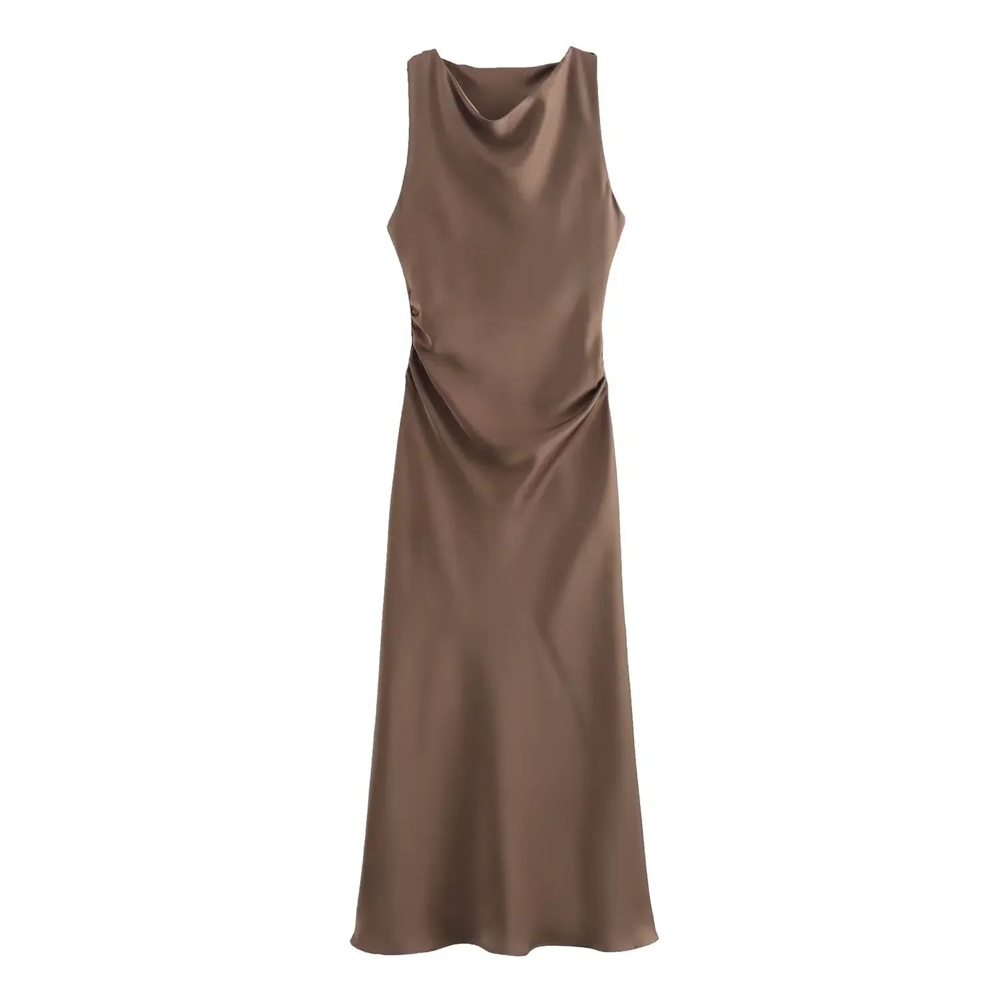 Satin Ruched Pleated Solid Color Sleeveless O-Neck Long Dress