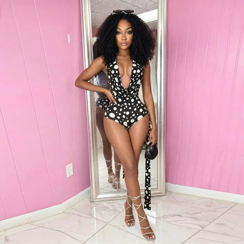FLARORA Sexy Polka Dot Print 2 Piece Sets Woman Trend Halter V Neck Backless Ruched Tops And Ribbon Shorts Hottie Street Suits