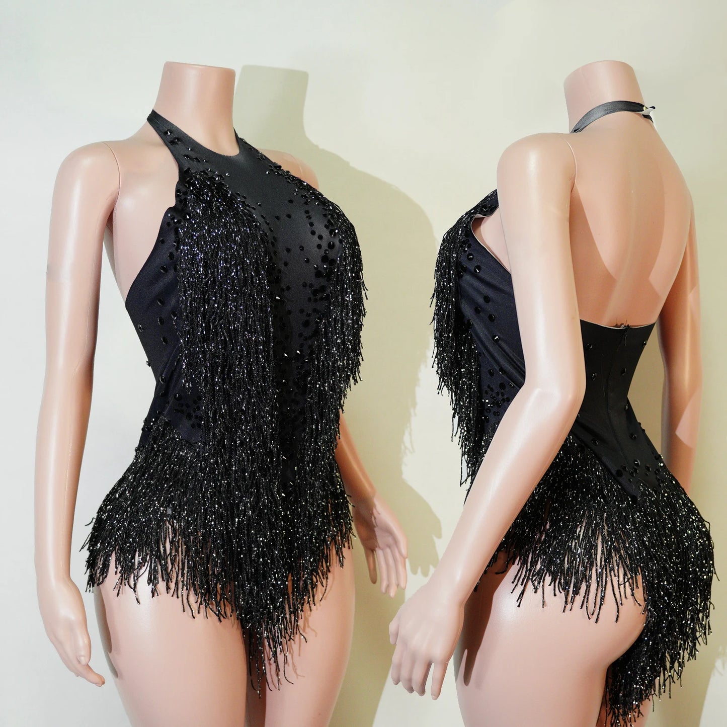 Tassel Fringe Design Sleeveless Zipper Back Sparkling Rhinestone Women's Formal Stage Dance Bodysuit