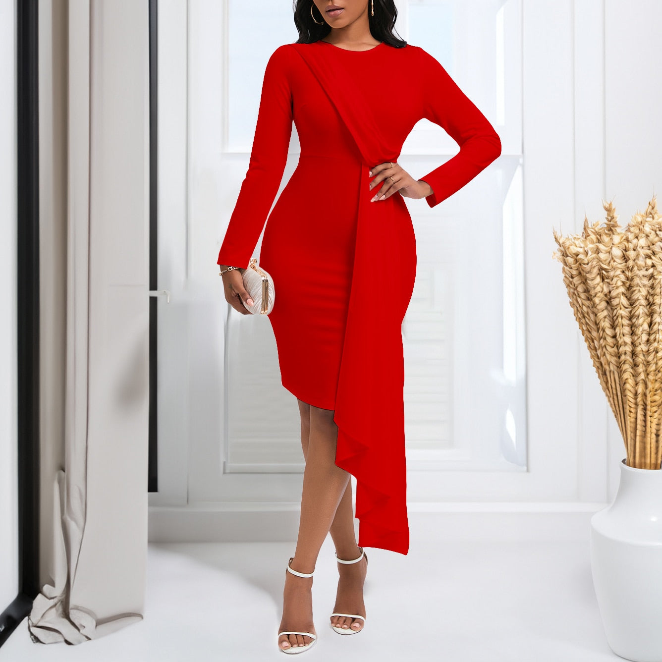 Asymmetrical Long Hem Full Sleeve Bodycon Party/Wedding/Cocktail Midi Dress