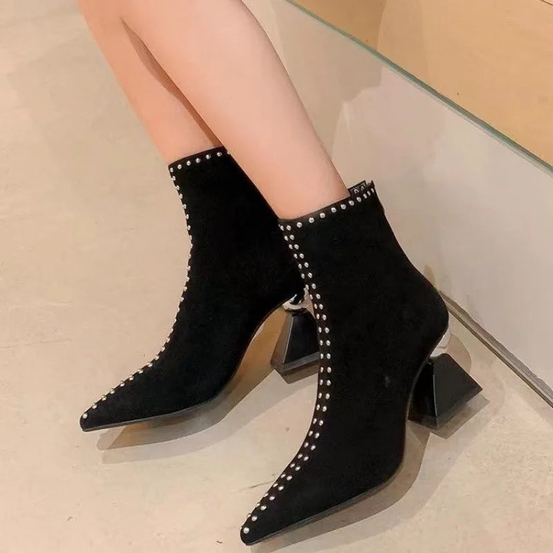 Stud Embellished Shallow Pointed Toe Designer Short Back Zip Suede Spike Heel Ankle Boots