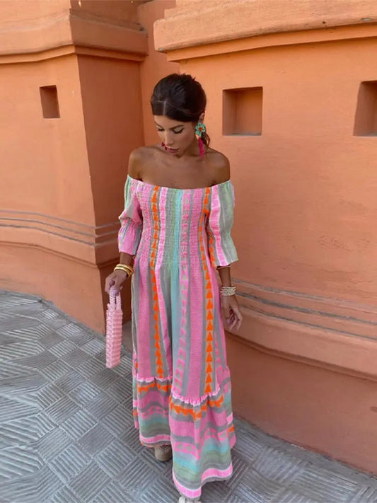 Pastel Rainbow Striped Boho Ruffled Long Sleeve Off-the-Shoulder Backless Maxi Dress