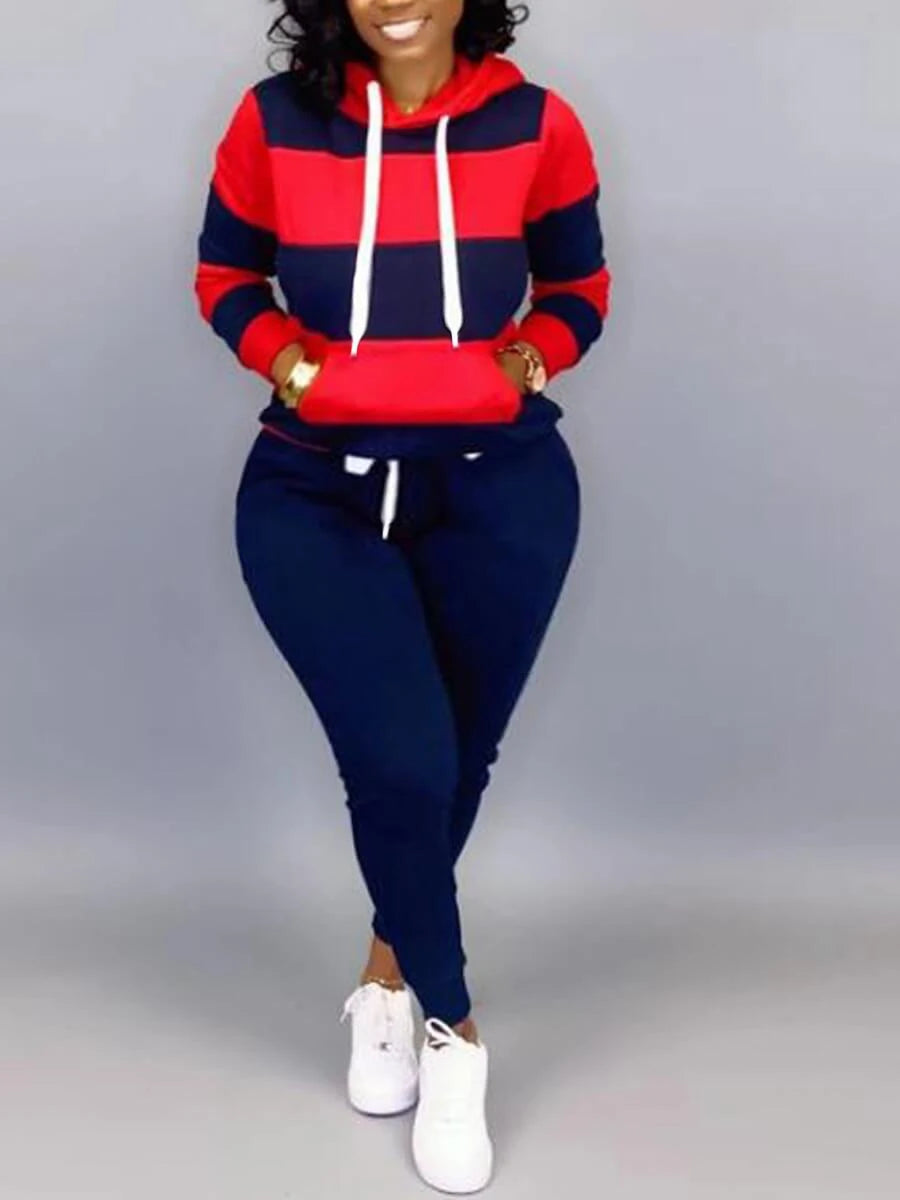 Striped Drawstring Hoodie Sweatshirt + Sweatpants Ladies Tracksuit to 5X Plus Size