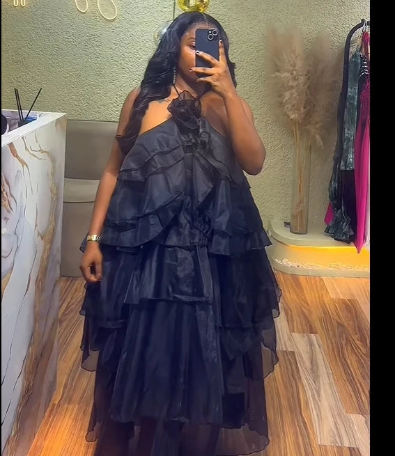Oversized Tiered Sleeveless Floral Ruffled Design Loose Smock Strap Formal Maxi Dress
