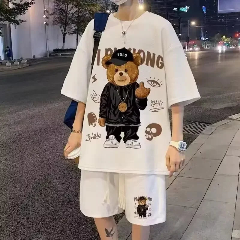 Men's Teddy Bear 3D Embroidered Design Streetwear Hip-Hop Short Sleeve T-Shirt + Drawstring Shorts 2 Piece Set