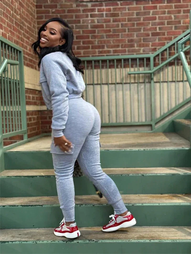 Streetwear Women's Solid Cropped Zipper Jacket + Drawstring Cargo Sweatpants Tracksuit