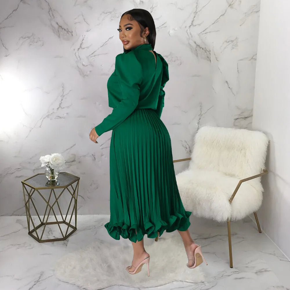 Women’s Solid Color O-Neck Lantern Sleeve Blouse + A-Line Flounce Formal Pleated Maxi Skirt w/ Sash Belt 2-Piece Set