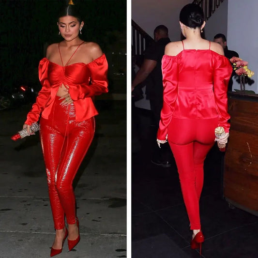 Red Satin Sling Off-the-Shoulder Crop Top + Faux Leather Stitching Pants 2-Piece Set