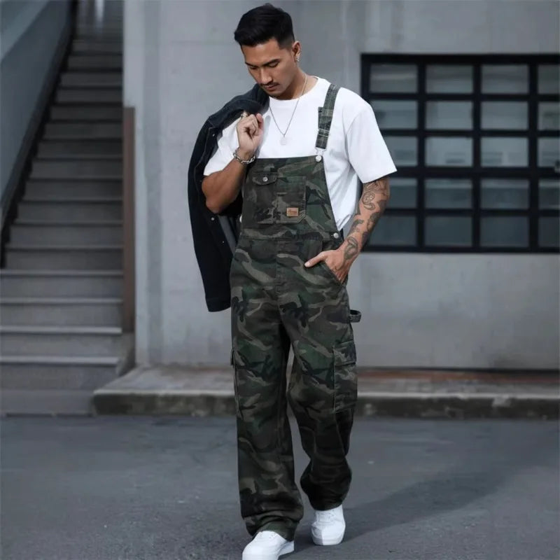 Men's Denim Sleeveless Camoflauge Jean Overalls