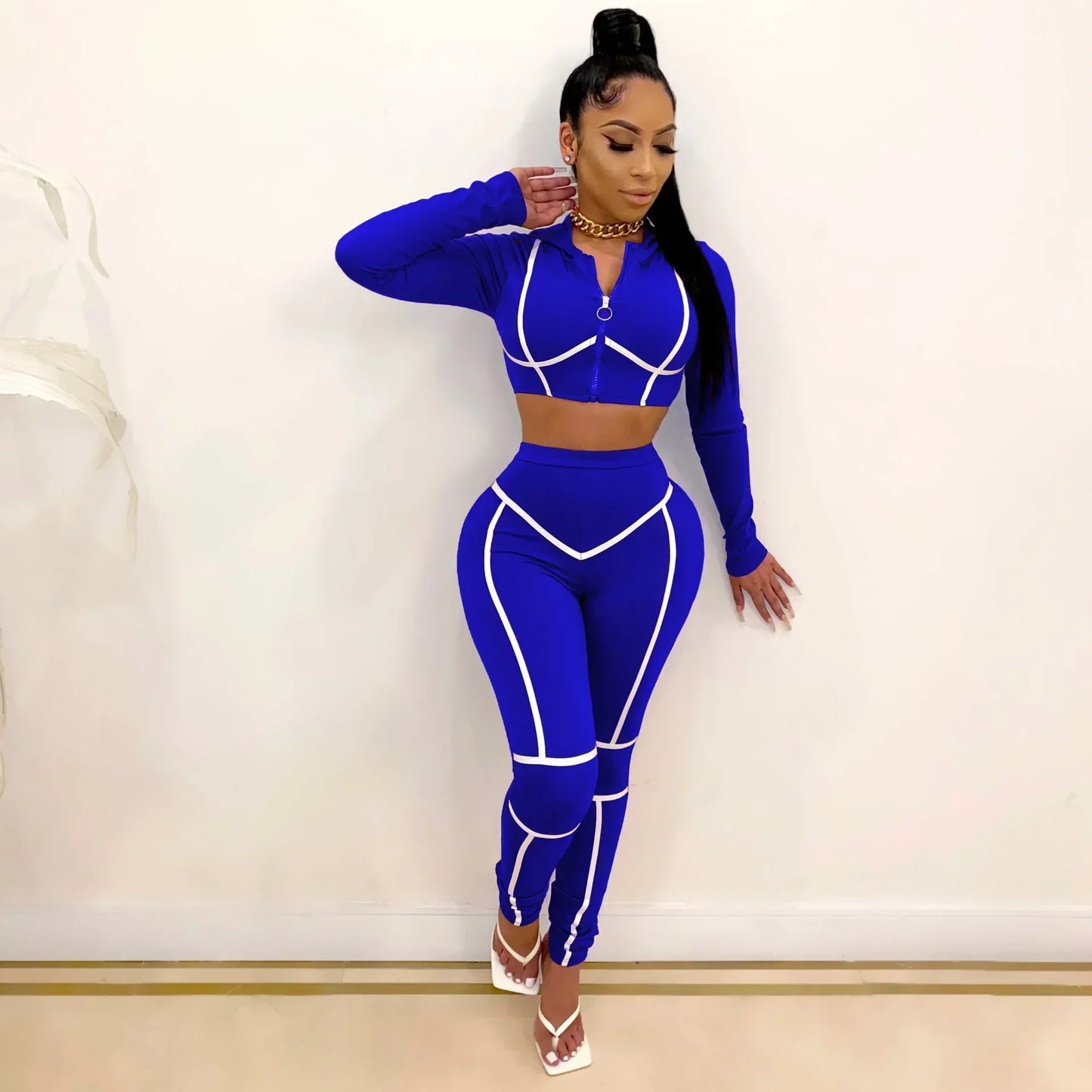 Striped Bandage Women's O-Neck Cropped Zipper Jacket + Sweatpants Tracksuit