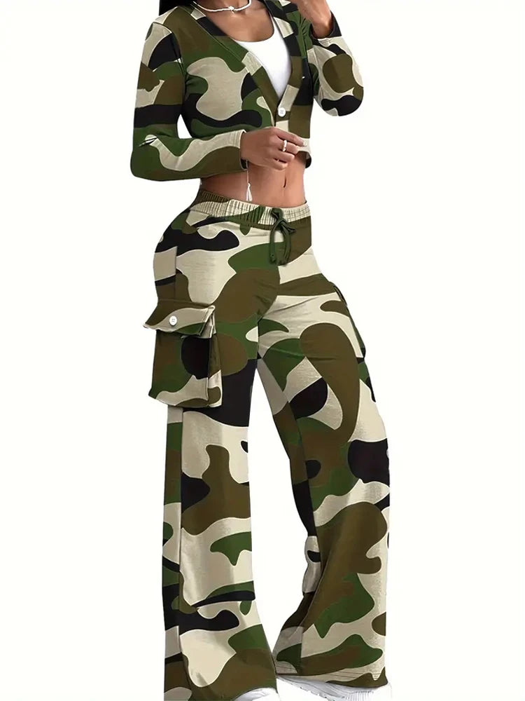 Colored Camoflauge Print Cropped Button-Up Jacket & Cargo Pocketed Elastic Waist Wide Leg Sweatpants Women's Tracksuit