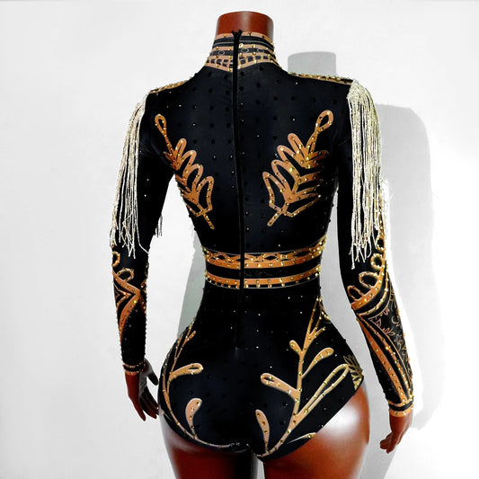 Luxury Rhinestone Fringe Bodysuit Sparkly Sequin Leotard Women Stage Performance Wear Drag Queen Costume Nightclub GOGO Dance Ou
