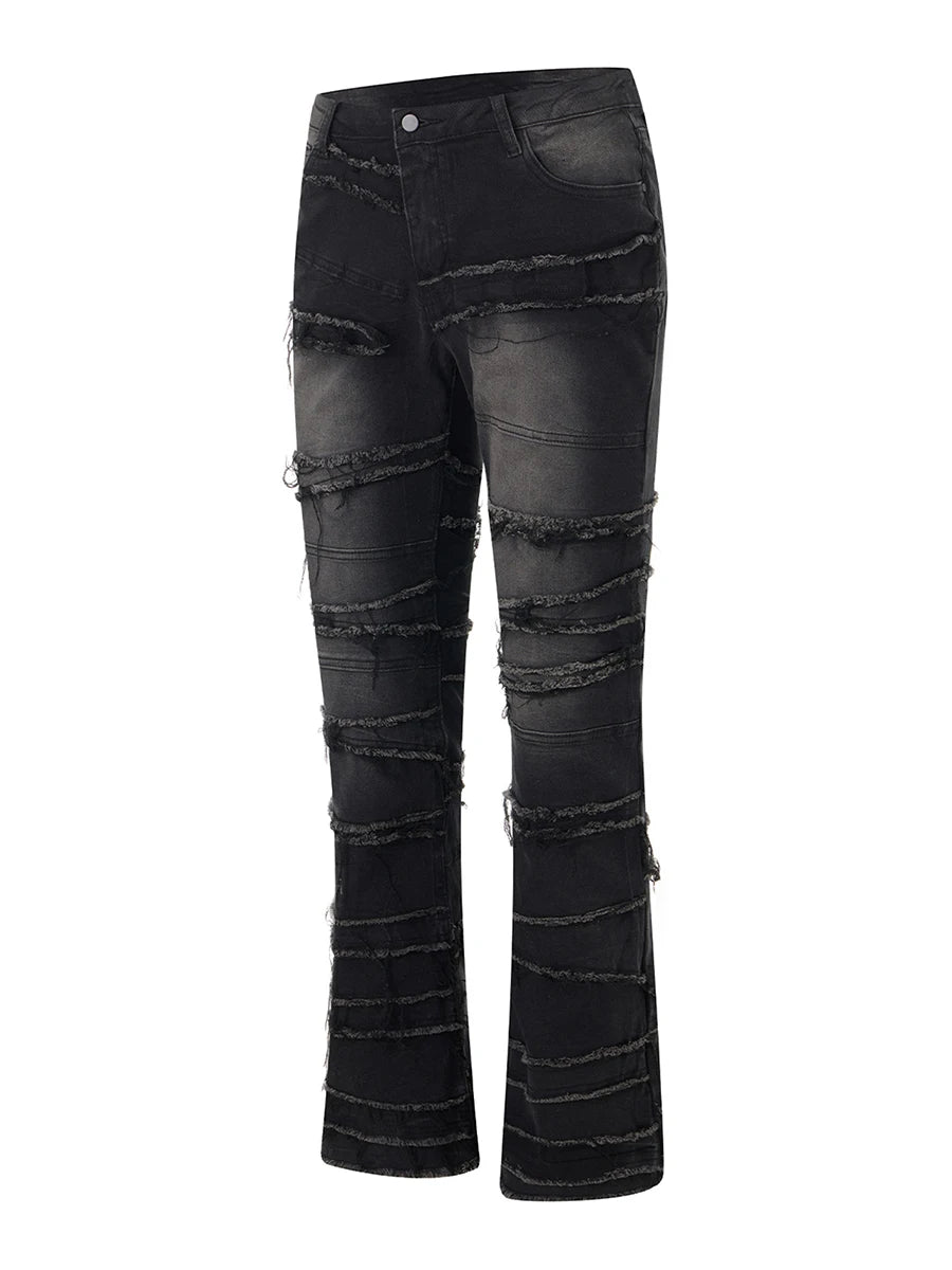 Men's Denim Black Monkey Washed Tiered Tassel Fringe Design Pull-On Raw Trim Pockets Straight Leg Jeans
