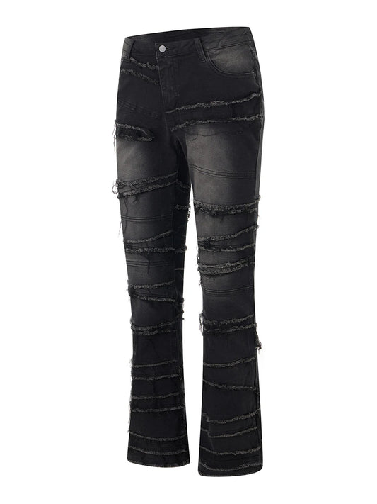 Men's Denim Black Monkey Washed Tiered Tassel Fringe Design Pull-On Raw Trim Pockets Straight Leg Jeans