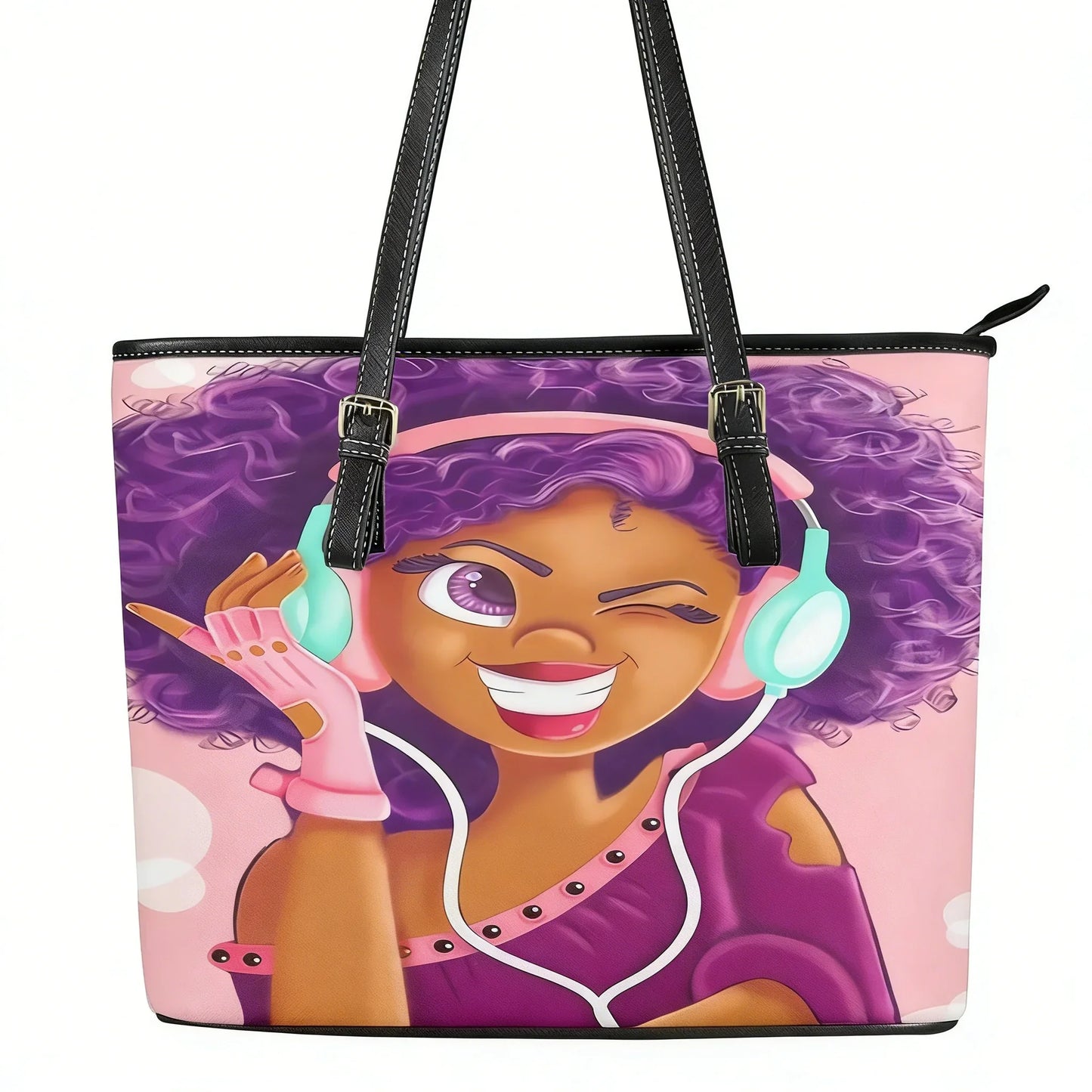 Black Princess Print CUSTOMIZED Leather Large Capacity Tote Bags