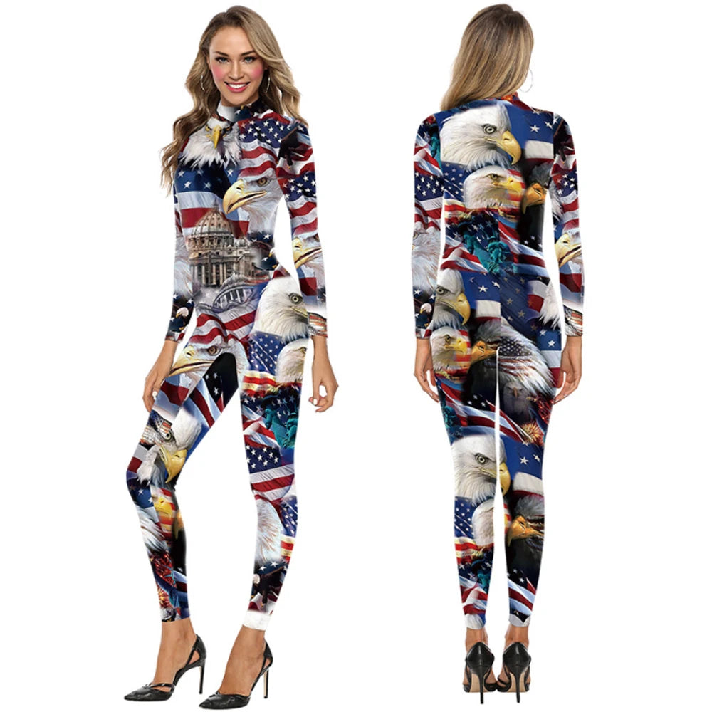 Striped 4th of July US Flag Print Bodycon Women's Long Sleeve Skinny Jumpsuit