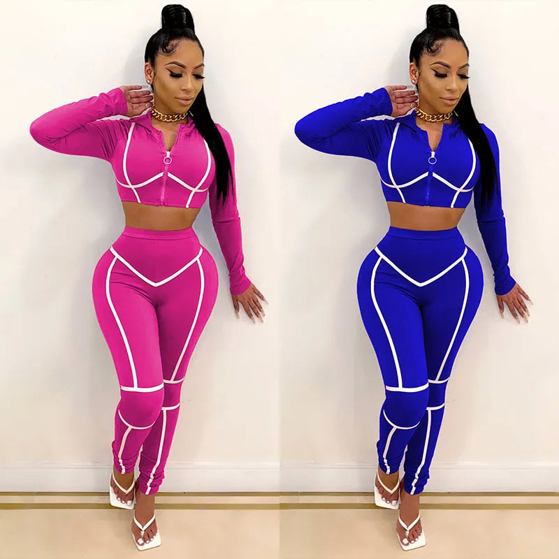 Striped Bandage Women's O-Neck Cropped Zipper Jacket + Sweatpants Tracksuit