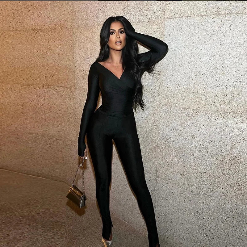 Shiny Skin Tight Long Sleev Deep V-Neck Skinny Top + Leggings Ladies 2-Piece Set