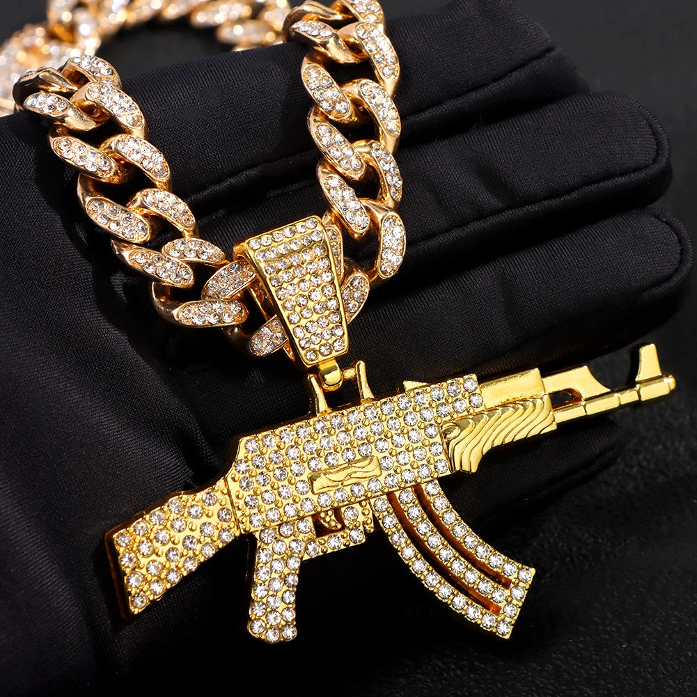 Hip-Hop Gun Pendant Gold Iced Out Crystal Cuban Link Chain