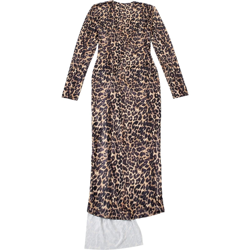 Leopard Print Deep V-Neck Ruched Maxi Ribbon Design Hollow-Out Long Sleeve Bodycon High Slit Maxi Club Dress