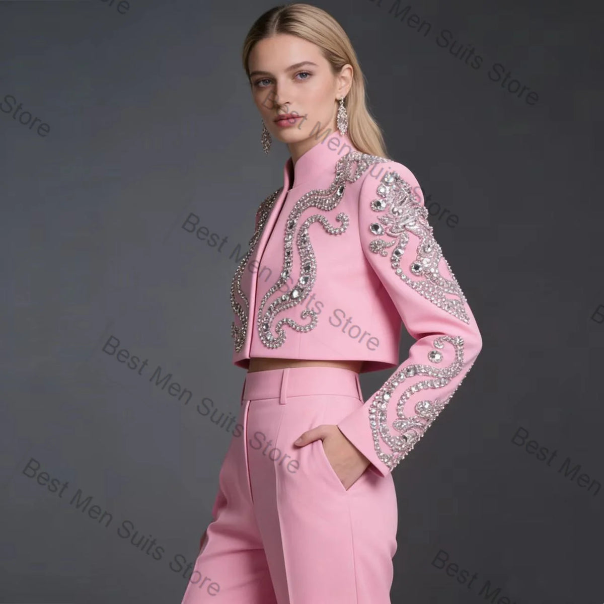 Pink Women Suit Set 2 Pcs Blazer Pants Trousers Crystals Stand Collar Formal Office Jacket Customized Wedding Tuxedo Guest Coat
