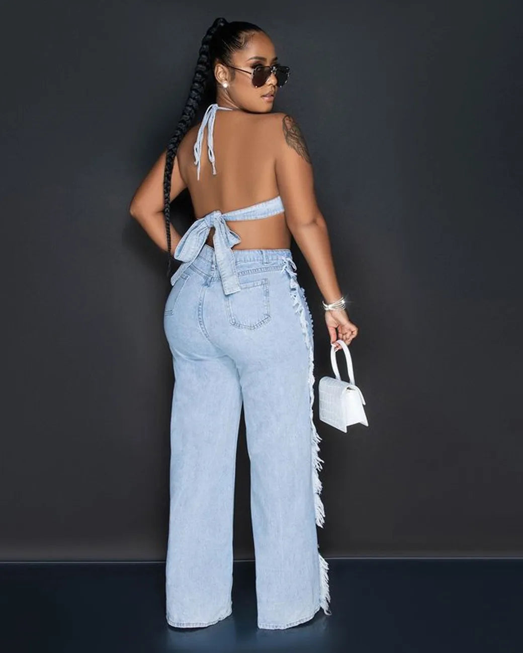 Sky Blue Denim Sleeveless Crop Tube Top + Ripped Women's Tassel Fringe Hollow-Out Two Piece Sets Women Outifits