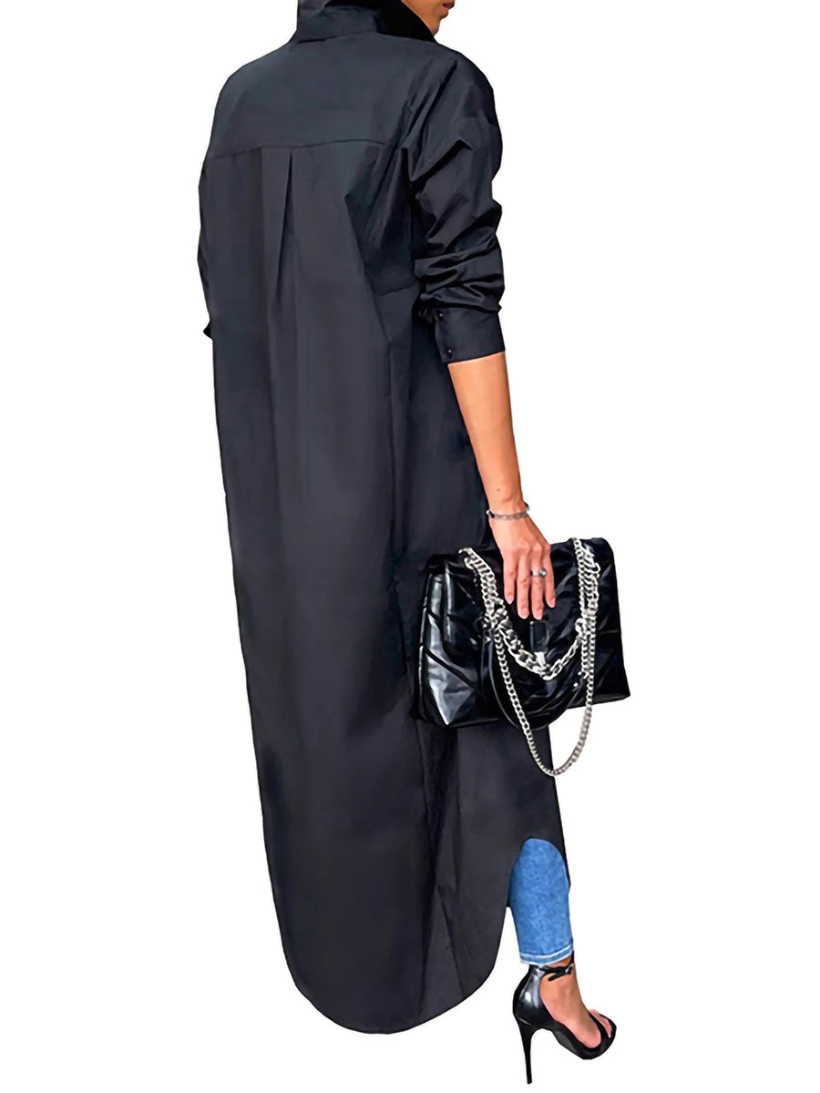 Solid Turn-Down Collar Long Sleeve Button-Up Single Breasted Kaftan Maxi Shirt Dress