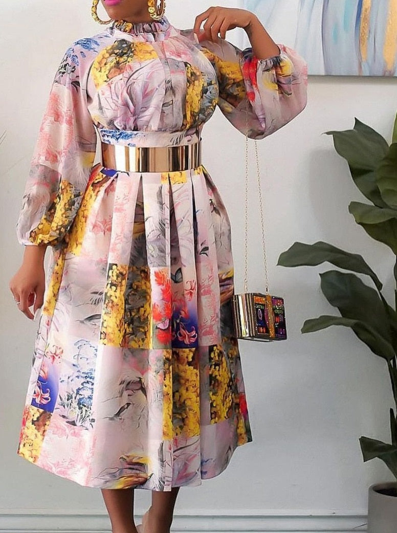 Floral Pleated Long Sleeve Plus Size Dress w/ Metallic Belt to 3X