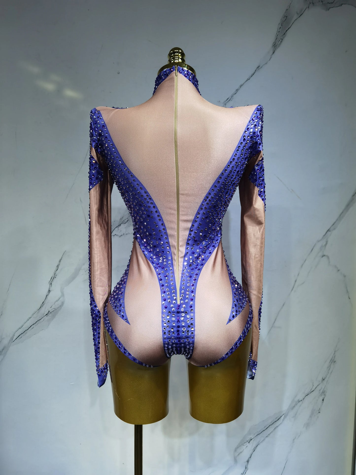 Sparkling Rhinestone Hollow-Out Long Sleeve Stage Formal Stage Performance Skin Tight Bodysuit