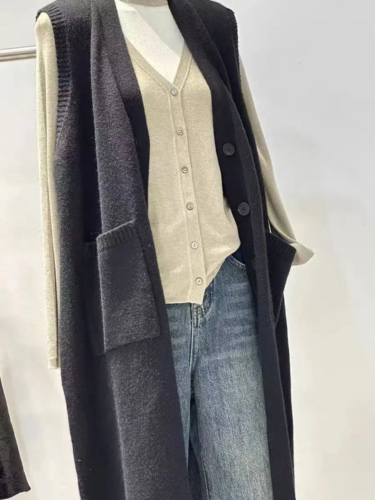 Sleeveless Knitted Button Front Vintage Oversized Knitted V-Neck Maxi Sweater Vest Dress