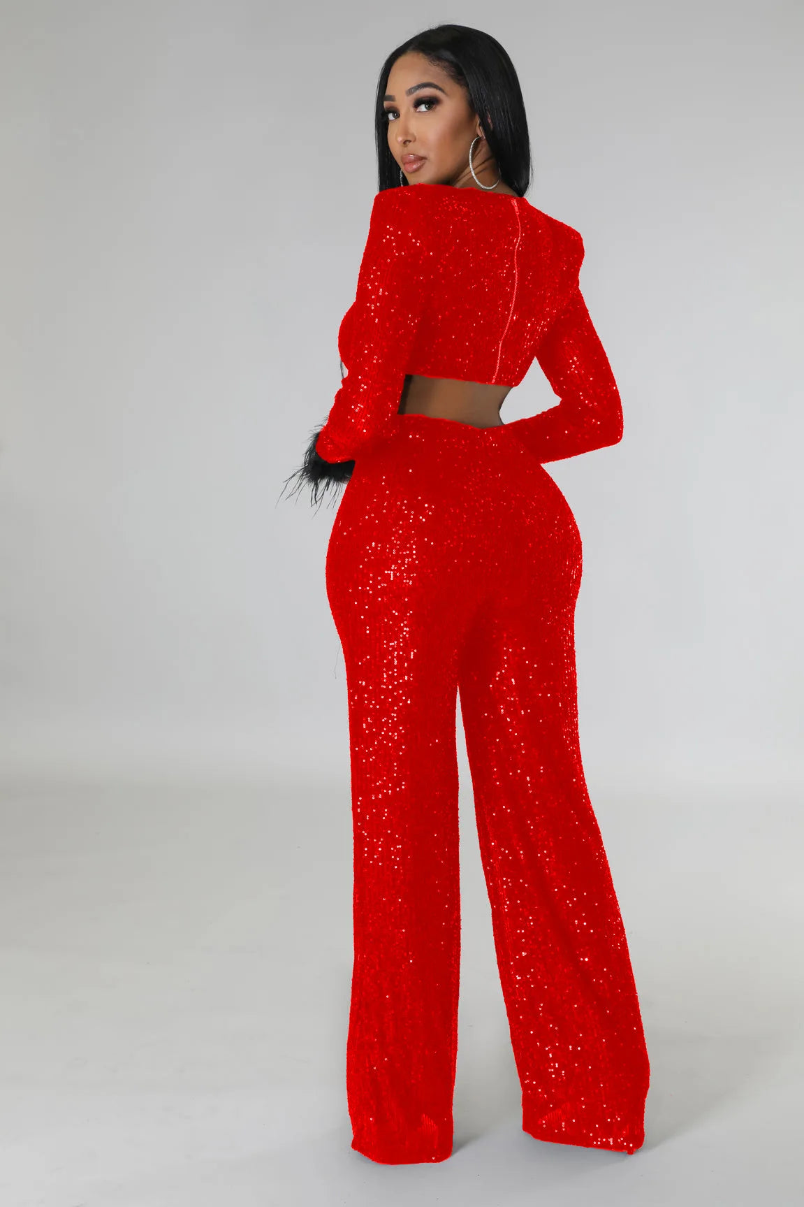 Sequin Feather Hollow Slim Long Sleeved Party Jumpsuit