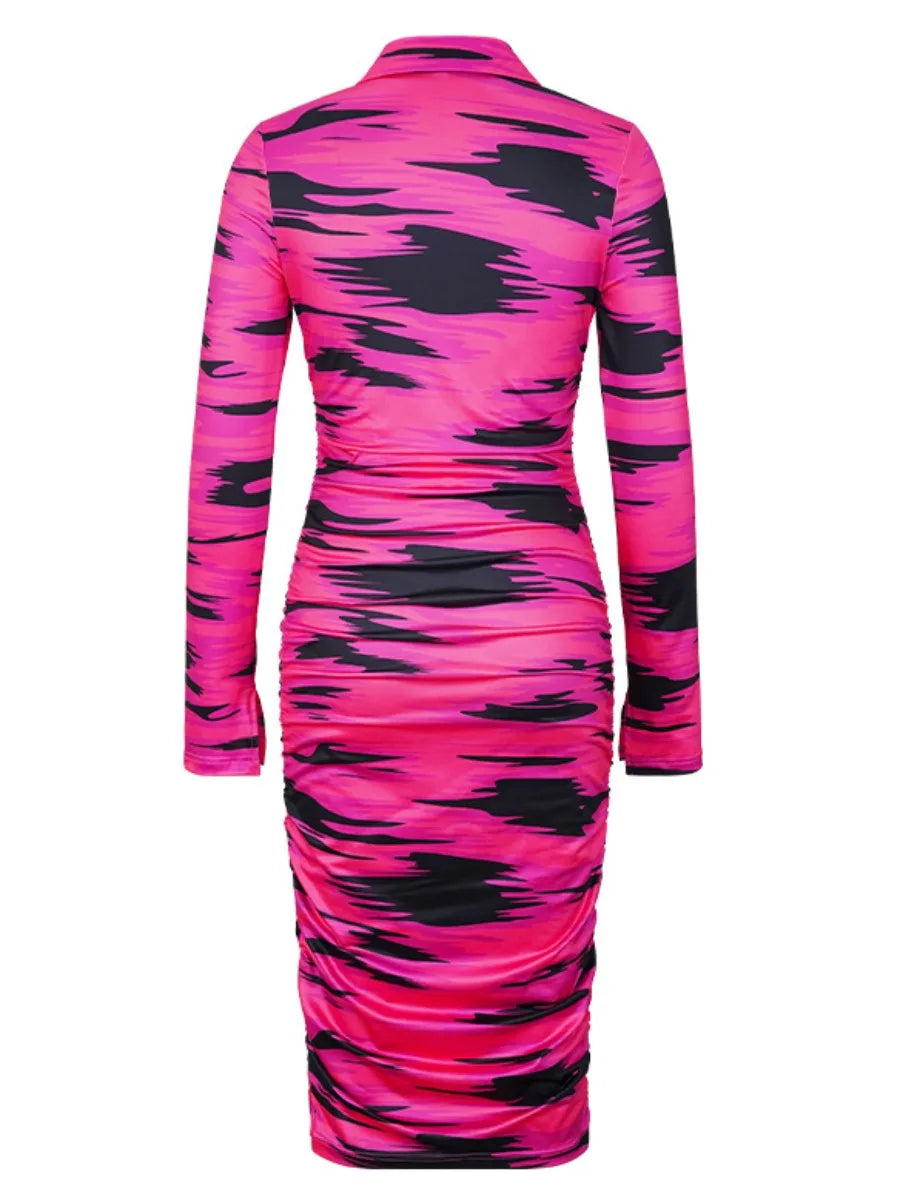 Shirred Ruched Hot Pink/Black Tie-Dye Turn-Down Collar Bodycon Pencil Slit Sleeve Draped Shirt Dress