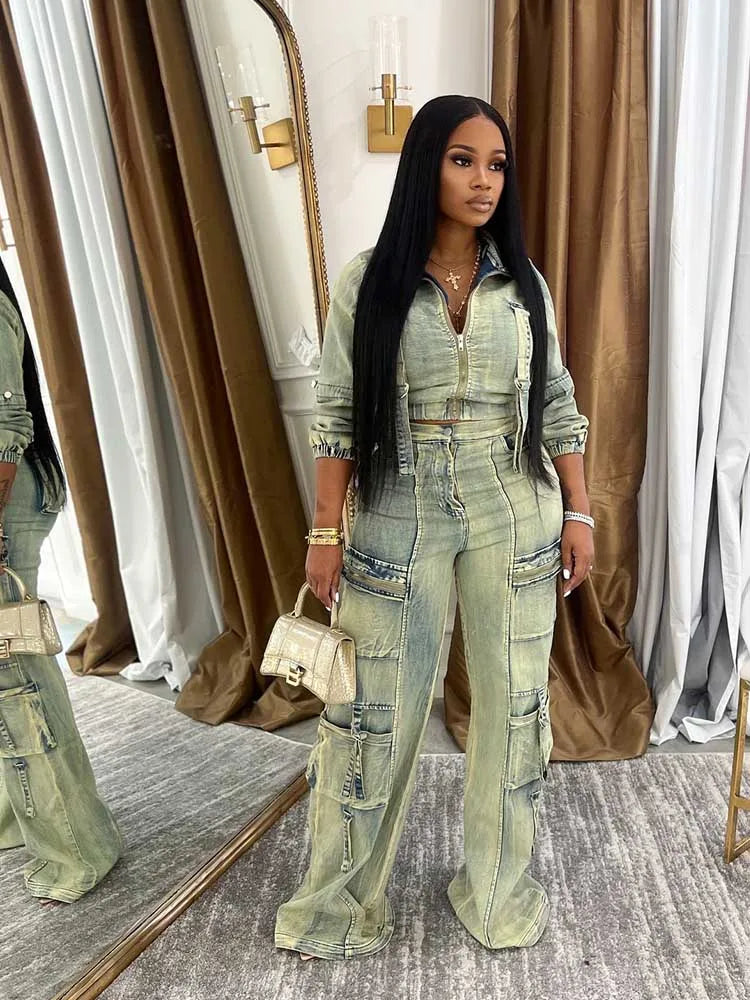 Faded Denim Light Blue Buckle Strap Detail Women's Long Sleeve Zipper Jean Jacket + Streetwear Cargo Pocketed Jeans 2-Piece Set