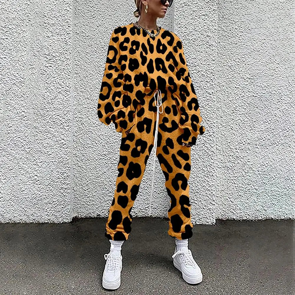 Leopard Women's O-Neck Relaxed Fit 3D Digital Print Long Sleeve Top + Drawstring Streetwear Sweatpants Tracksuit