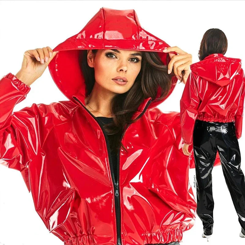 Solid PVC Patent Leather Shiny Loose Cropped Zipper Hoodie Jacket to 4X Plus Size